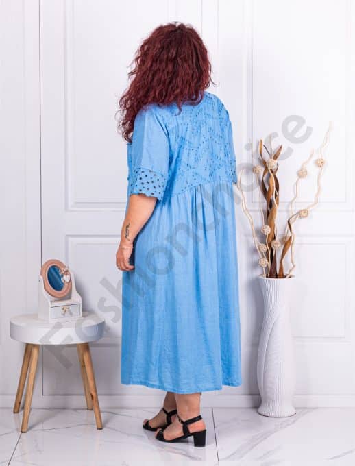 Rochie maxi din 100% In si broderie englezeasca-albastru cod 10692-3