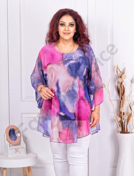 Tunica maxi in clos din sifon cu imprimeu in degrade-fucsia cod 24236-8