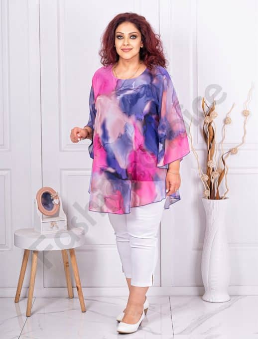 Tunica maxi in clos din sifon cu imprimeu in degrade-fucsia cod 24236-8