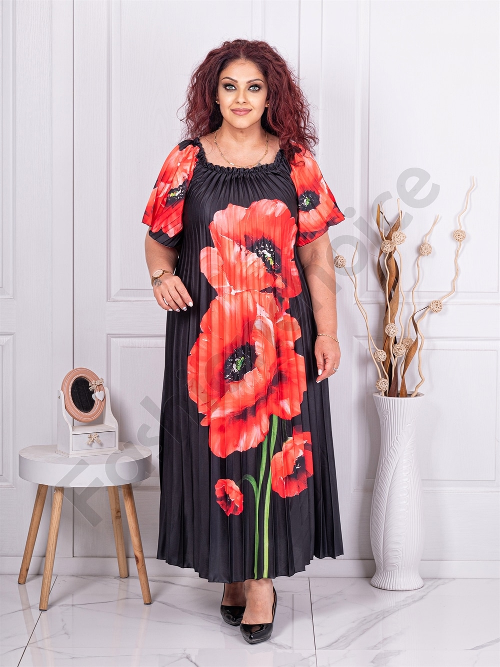 Rochie plisata din satin cu imprimeu maci cod 4297-2
