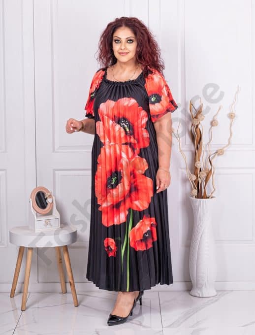 Rochie plisata din satin cu imprimeu maci cod 4297-2