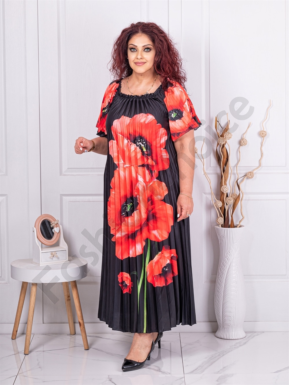 Rochie plisata din satin cu imprimeu maci cod 4297-2