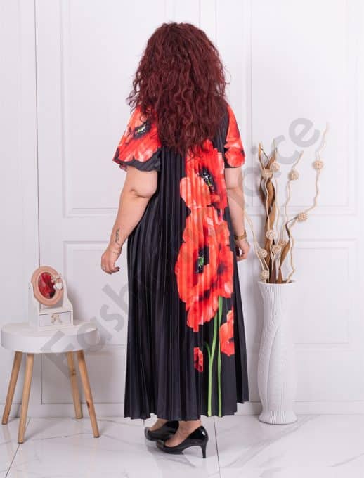 Rochie plisata din satin cu imprimeu maci cod 4297-2