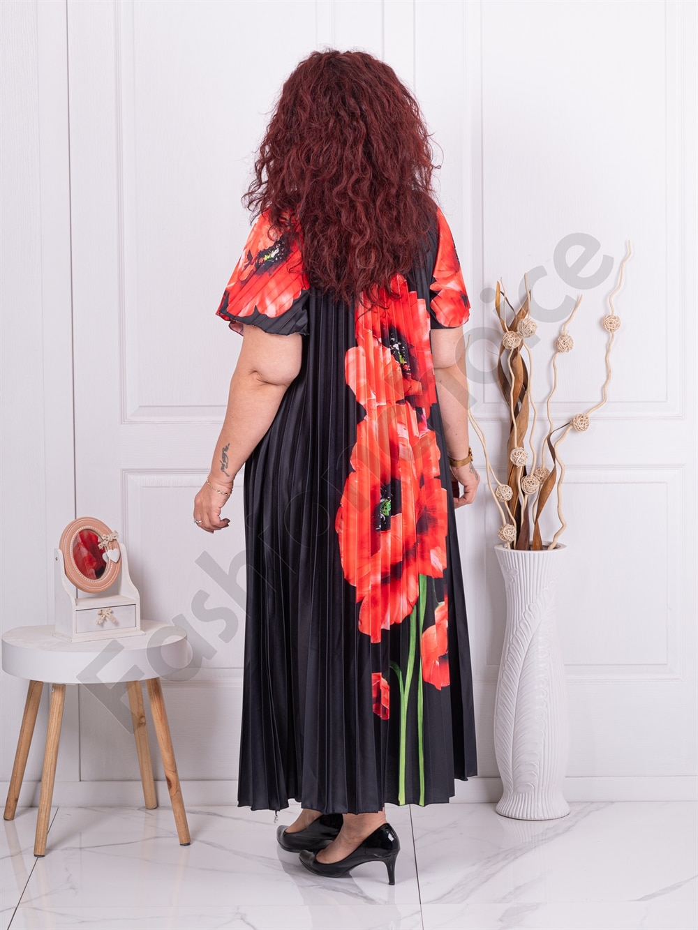 Rochie plisata din satin cu imprimeu maci cod 4297-2