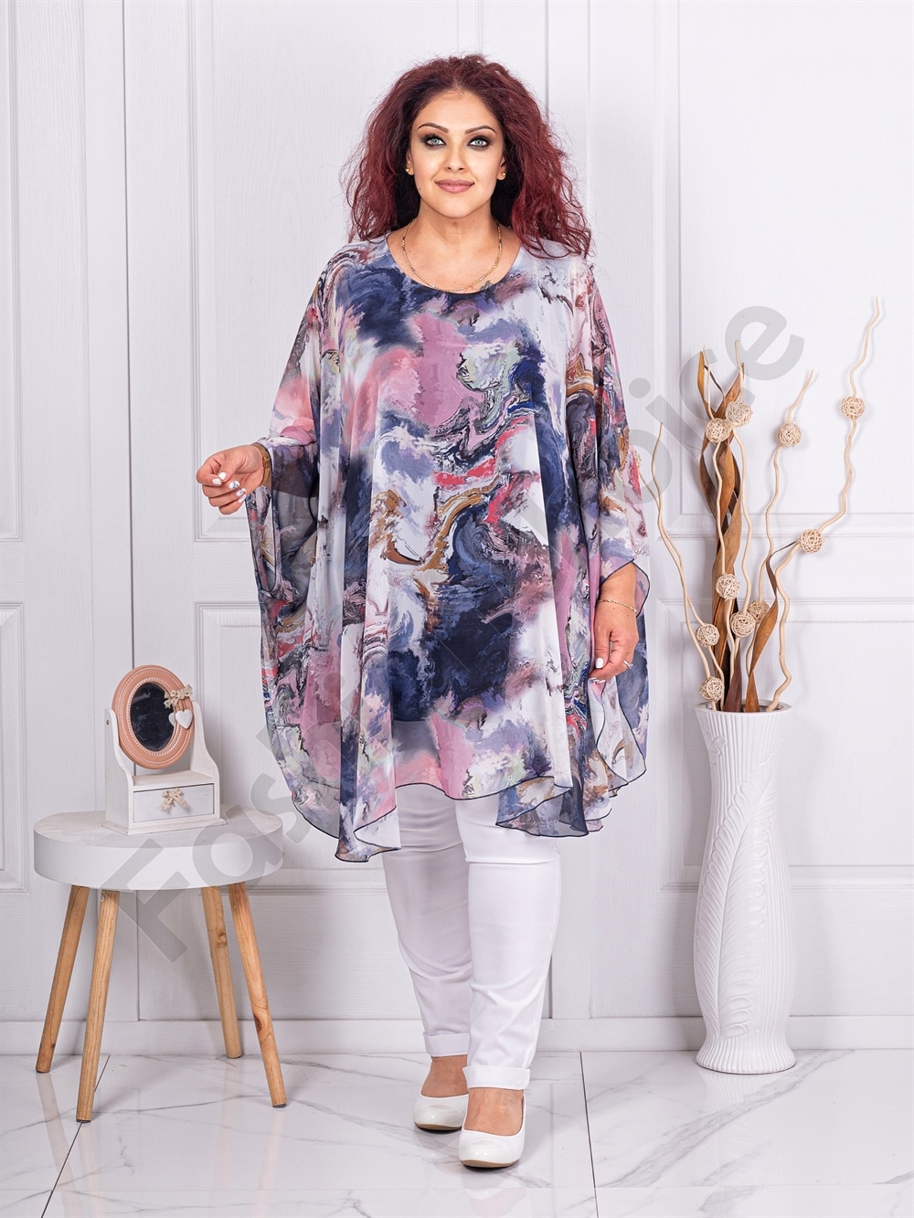 Tunica tip poncho din sifon cu imprimeu in degrade-culoare pastel cod 245021-6