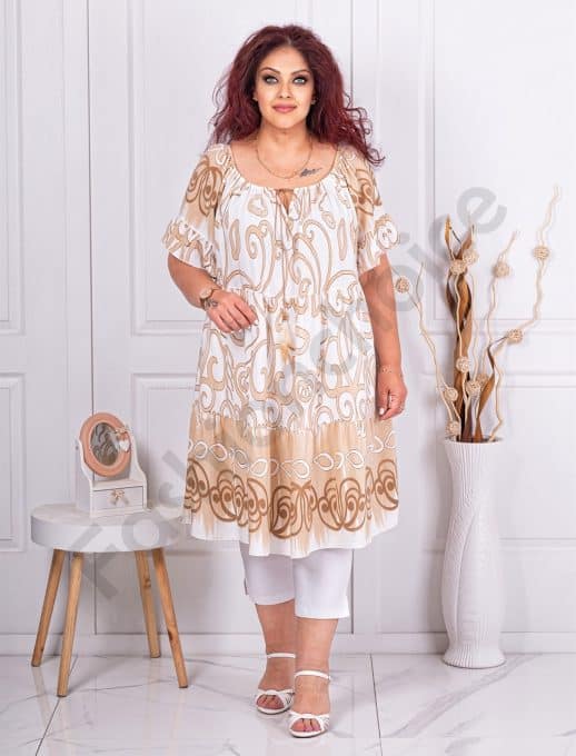 Tunica maxi lunga pentru vara cu volane si imprimeu abstract-capucino cod 2478-3