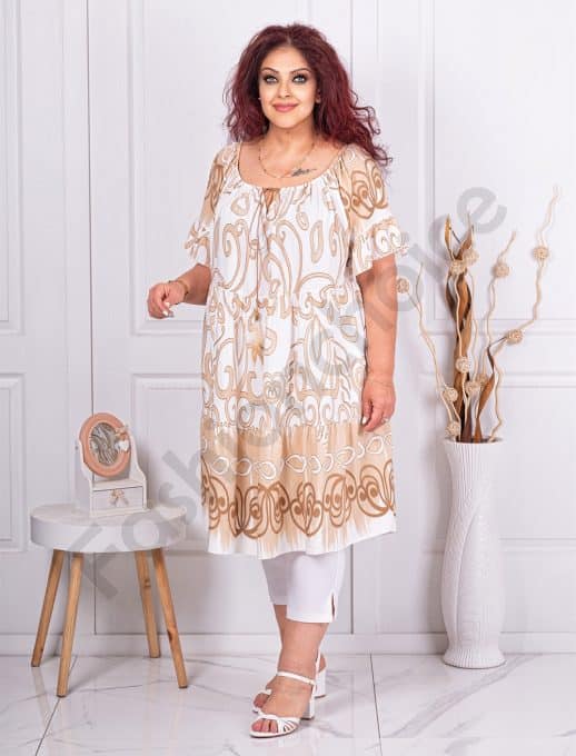 Tunica maxi lunga pentru vara cu volane si imprimeu abstract-capucino cod 2478-3