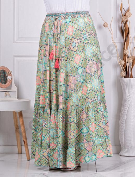 Fusta maxi cu volane din 100% matase si buzunare-menta cod 11231