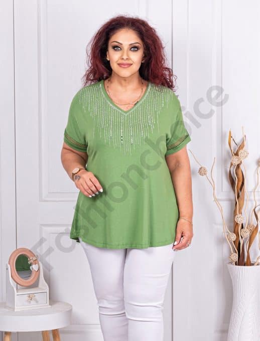 Bluza maxi cu decoratie din pietricele si ornamente pe maneci-verde pastel cod 2851-2