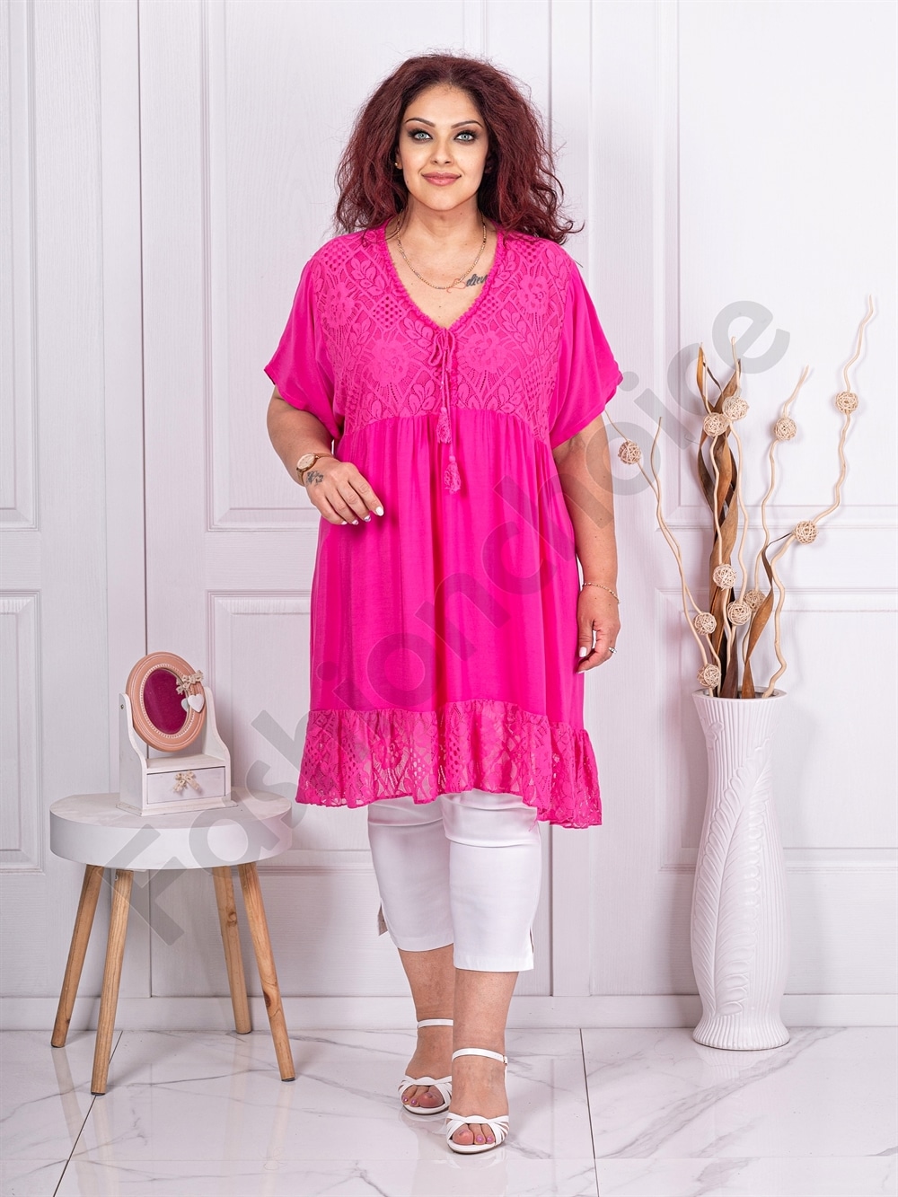 Tunica maxi pentru vara in combinatie cu dantela-fucsia cod 1953-4