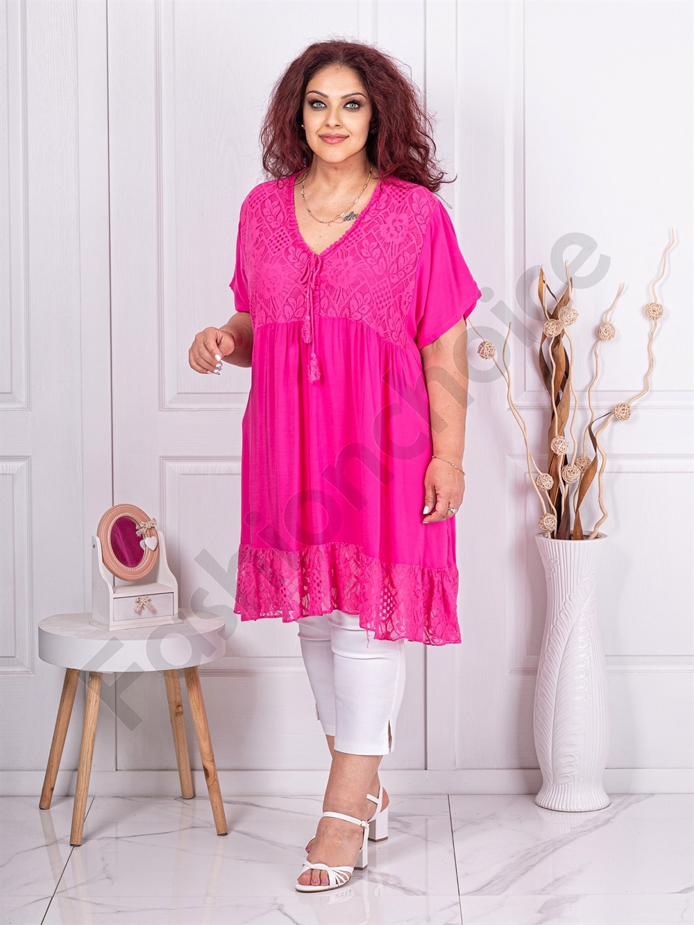 Tunica maxi pentru vara in combinatie cu dantela-fucsia cod 1953-4
