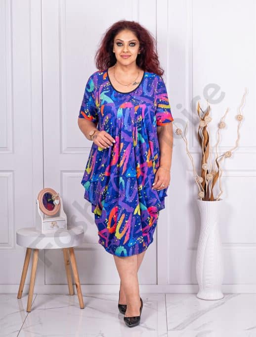 Rochie maxi tip balon cu imprumeu abstract-albastru regal cod 24574-3