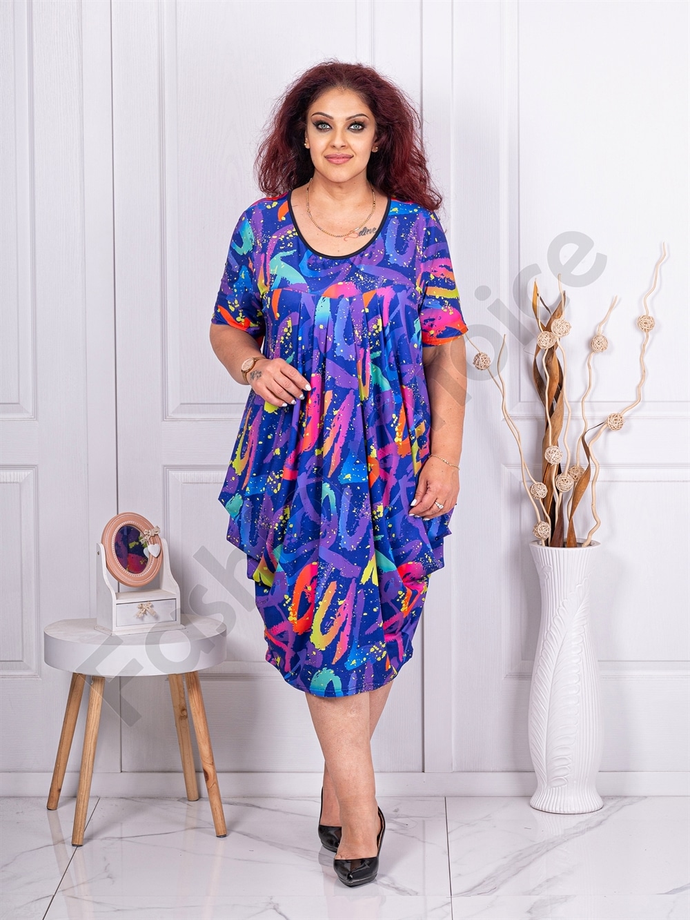 Rochie maxi tip balon cu imprumeu abstract-albastru regal cod 24574-3