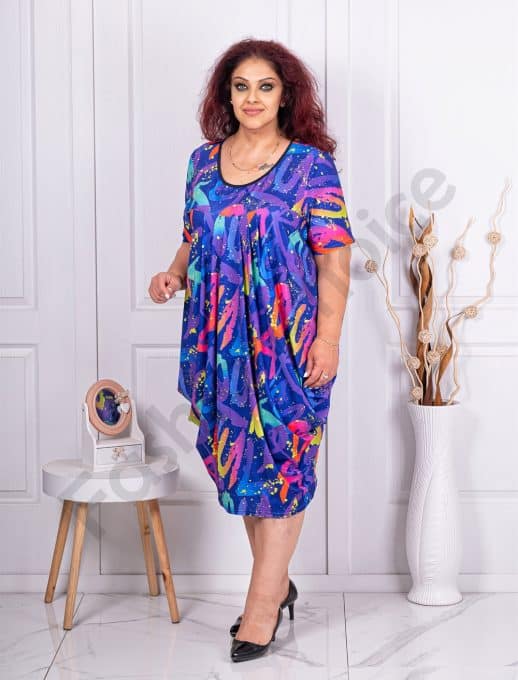 Rochie maxi tip balon cu imprumeu abstract-albastru regal cod 24574-3