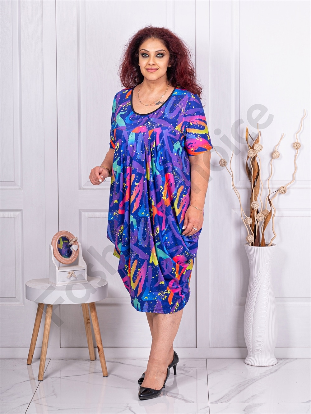 Rochie maxi tip balon cu imprumeu abstract-albastru regal cod 24574-3