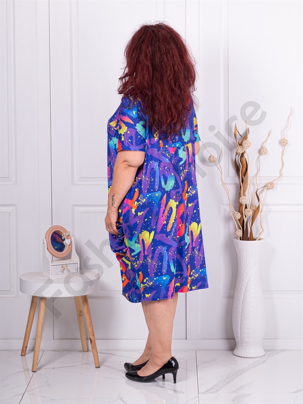 Rochie maxi tip balon cu imprumeu abstract-albastru regal cod 24574-3