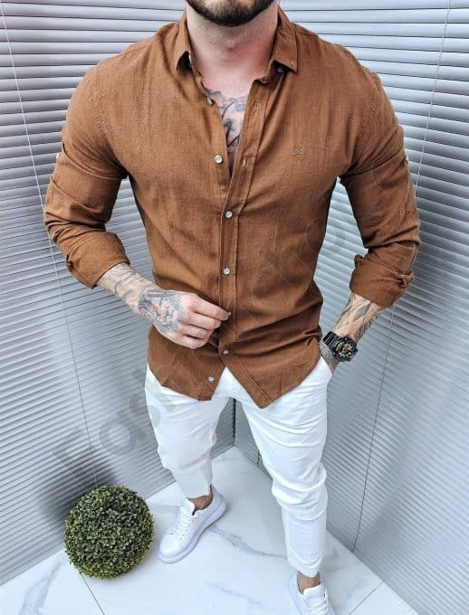 Camasa pentru barbati cu guler clasic si broderie-camel cod 1359-5