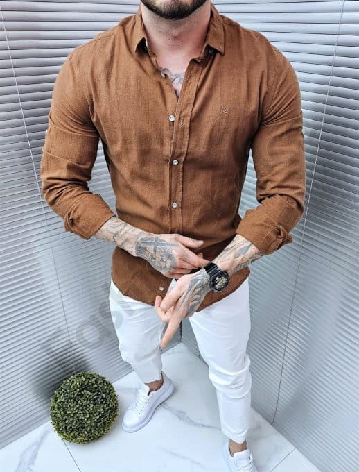 Camasa pentru barbati cu guler clasic si broderie-camel cod 1359-5