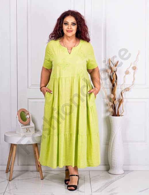Rochie maxi din 100% In cu volane si flori brodate-verde deschis cod 10653-7Rochie maxi din 100% In cu volane si flori brodate-verde deschis cod 10653-7