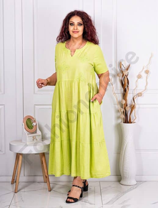 Rochie maxi din 100% In cu volane si flori brodate-verde deschis cod 10653-7
