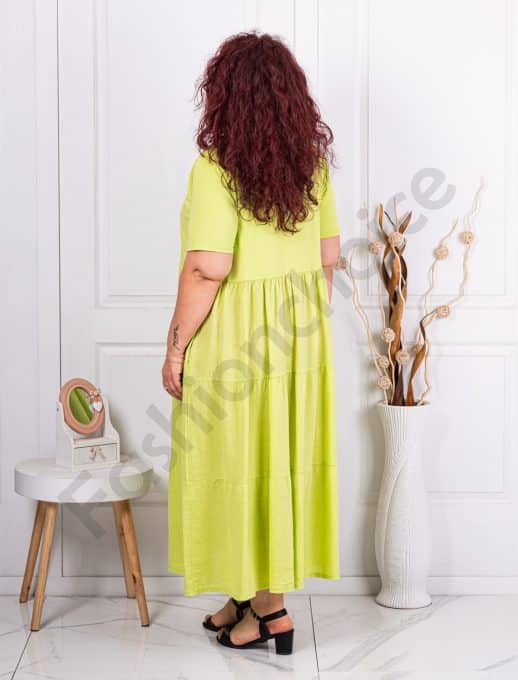 Rochie maxi din 100% In cu volane si flori brodate-verde deschis cod 10653-7
