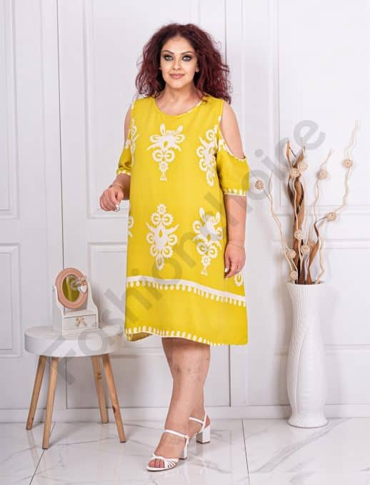 Rochie maxi pentru vara cu umeri decupati-galben cod 8754-1
