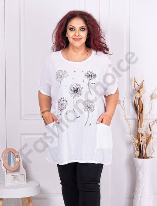 Tunica maxi din in si bumbac cu imprimeu papadie-alb cod 7390-4