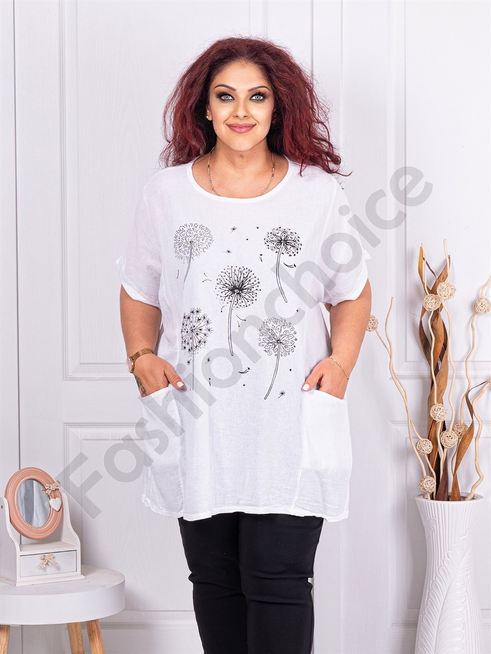 Tunica maxi din in si bumbac cu imprimeu papadie-alb cod 7390-4