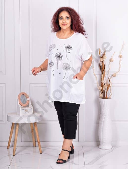 Tunica maxi din in si bumbac cu imprimeu papadie-alb cod 7390-4