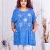 Tunica maxi din in si bumbac cu imprimeu papadie-albastru regal cod 7390-7
