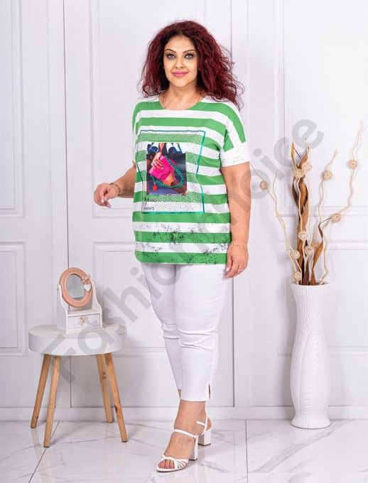 Bluza maxi in dungi cu aplicatie moderna din pietricele-verde cod 4341-1