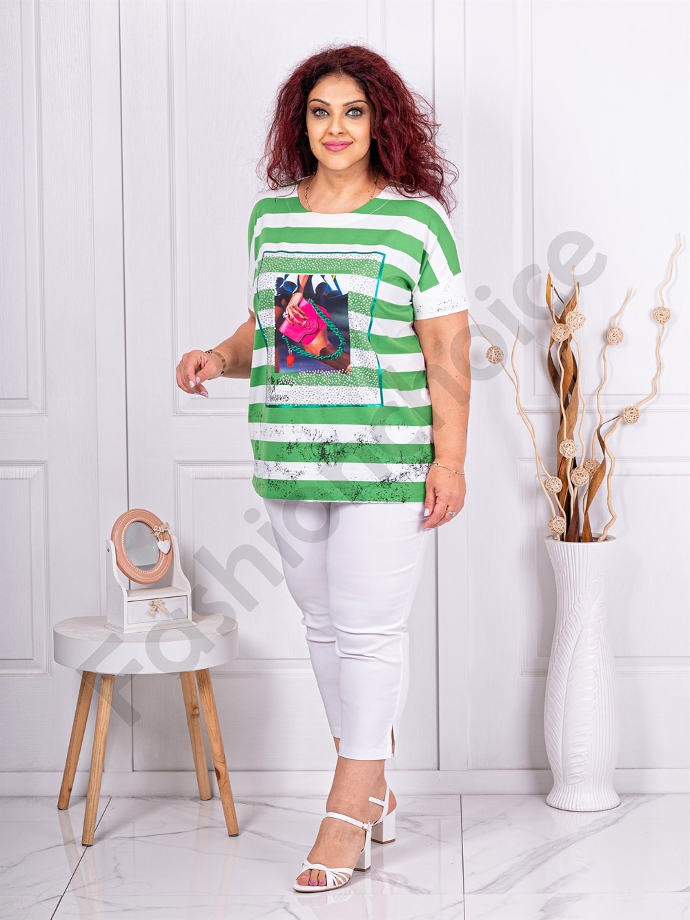 Bluza maxi in dungi cu aplicatie moderna din pietricele-verde cod 4341-1