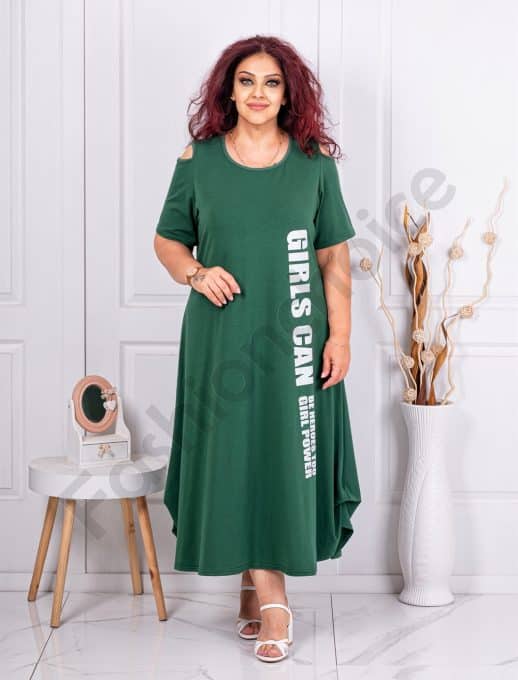 Rochie maxi in clos cu umeri decupati si inscriptie-verde cod 24824-9