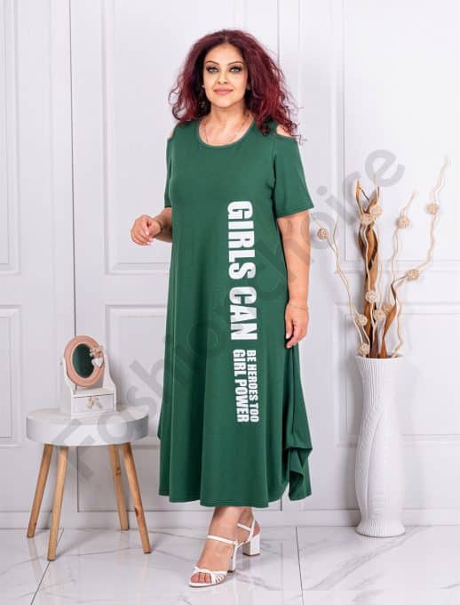 Rochie maxi in clos cu umeri decupati si inscriptie-verde cod 24824-9
