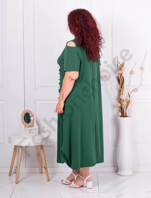 Rochie maxi in clos cu umeri decupati si inscriptie-verde cod 24824-9