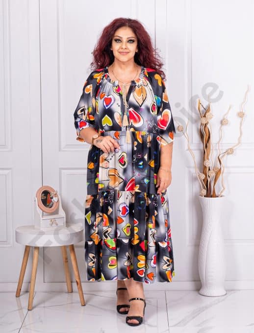 Rochie maxi pentru vara cu imprimeu inimi multicolor-negru cod 1273