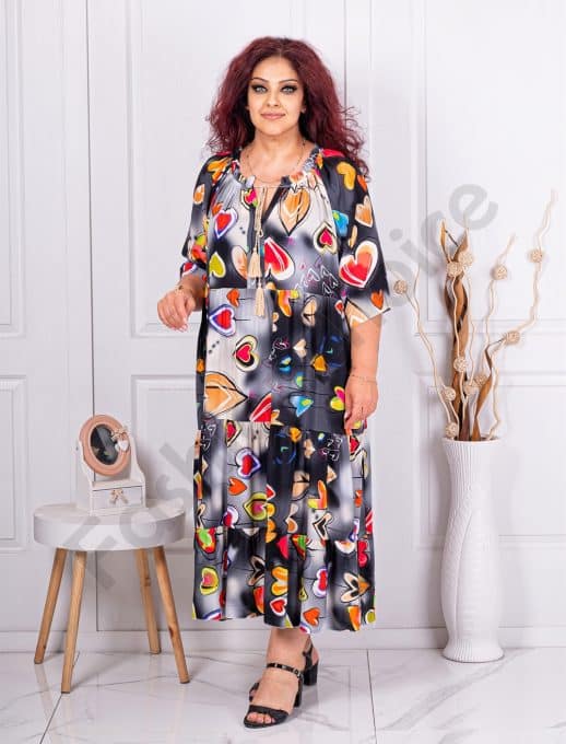 Rochie maxi pentru vara cu imprimeu inimi multicolor-negru cod 1273