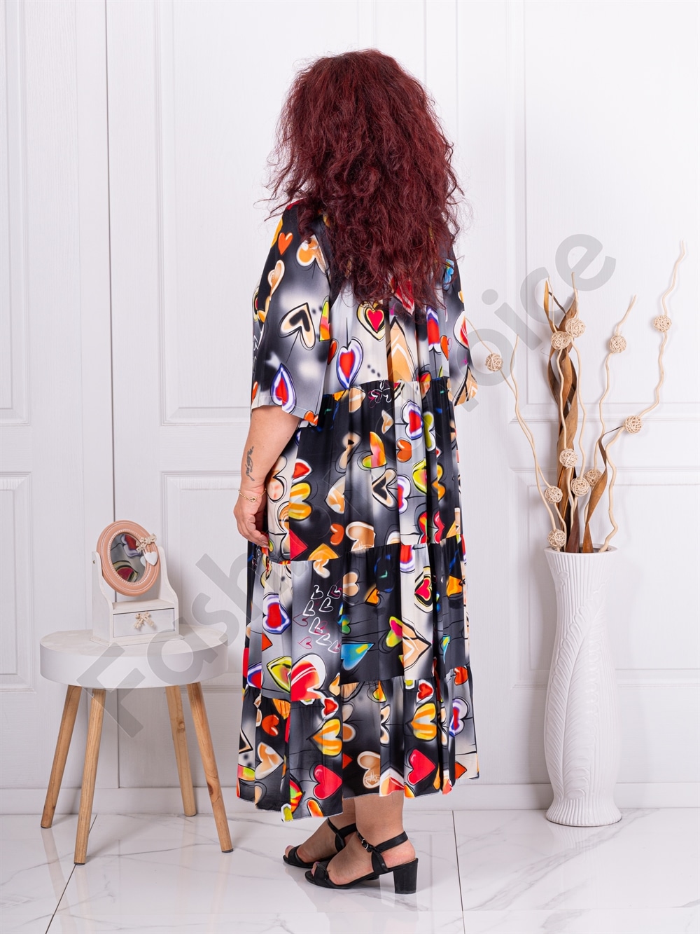 Rochie maxi pentru vara cu imprimeu inimi multicolor-negru cod 1273