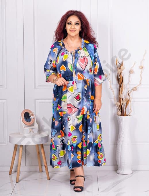 Rochie maxi pentru vara cu imprimeu inimi multicolor-albastru inchis cod 1273-1