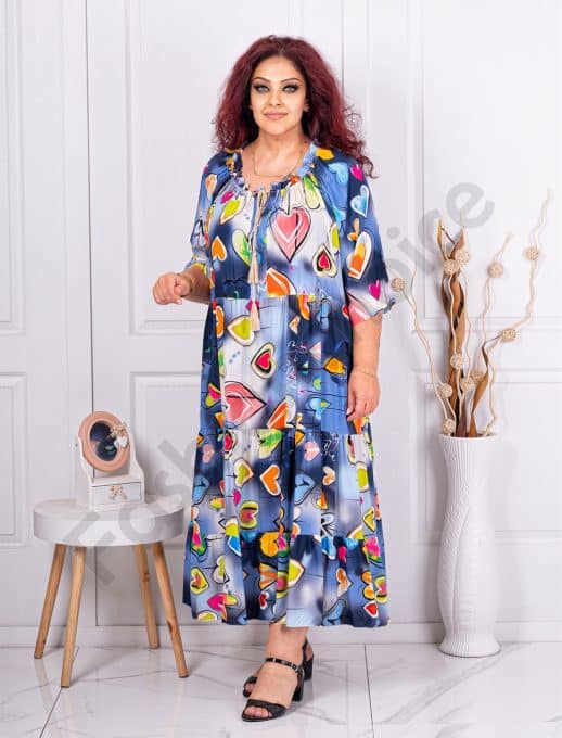 Rochie maxi pentru vara cu imprimeu inimi multicolor-albastru inchis cod 1273-1