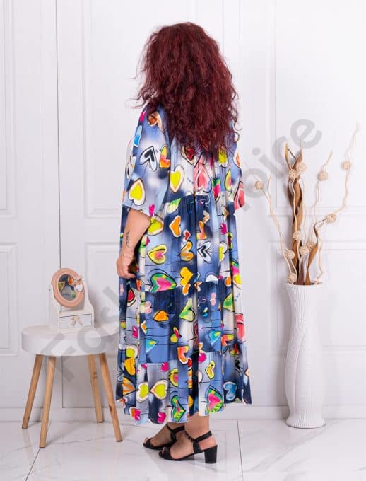 Rochie maxi pentru vara cu imprimeu inimi multicolor-albastru inchis cod 1273-1