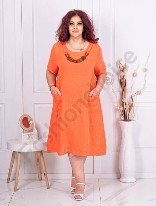 Rochie maxi pentru vara din 100% In cu colier din lemn-orange cod 9759-2