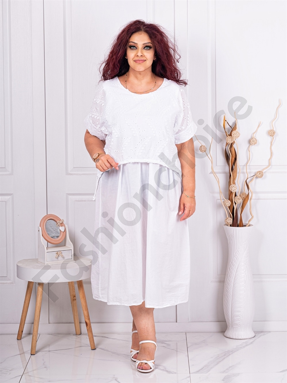 Rochie maxi cu partea de sus din broderie englezeasca-alb cod 10761