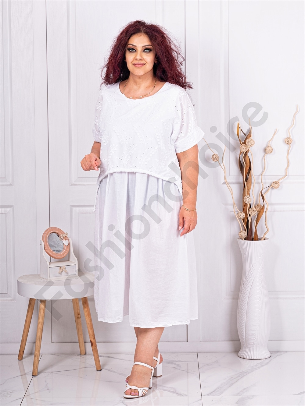 Rochie maxi cu partea de sus din broderie englezeasca-alb cod 10761