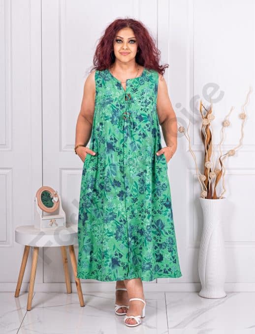 Rochie maxi pentru vara fara maneci cu nasturi din lemn-verde cod 10793-3