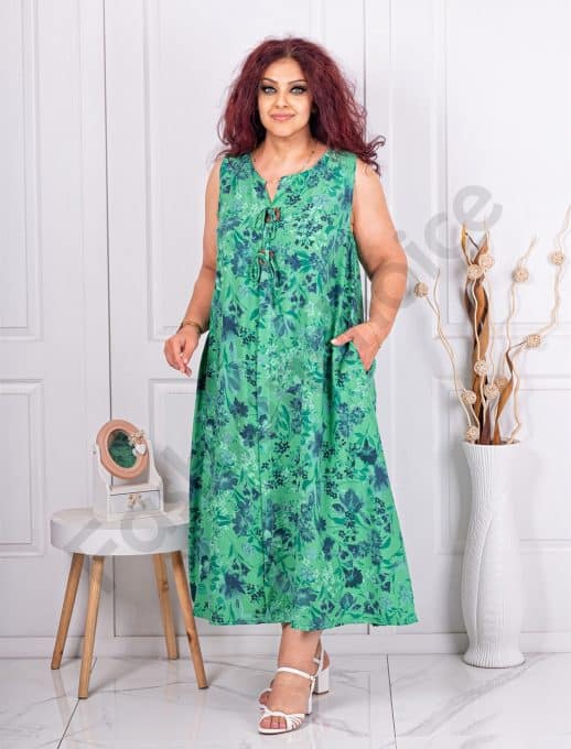 Rochie maxi pentru vara fara maneci cu nasturi din lemn-verde cod 10793-3
