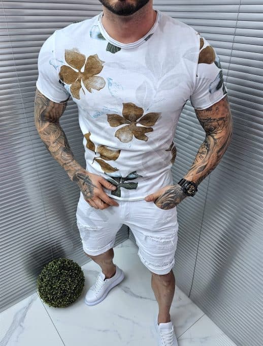 Tricou barbati in culoare alb si imprimeu floral-maro/verde masliniu cod 561maro/verde masliniu cod 561