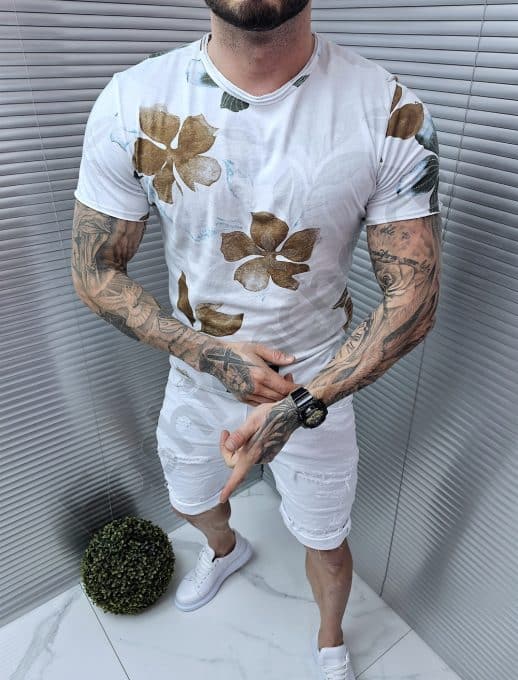 Tricou barbati in culoare alb si imprimeu floral-maro/verde masliniu cod 561