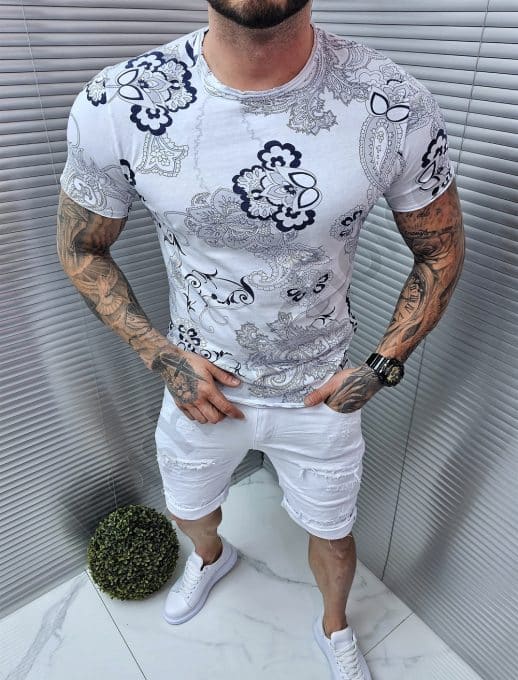 Tricou barbati in culoare alb cu flori albastru inchis cod 561-5