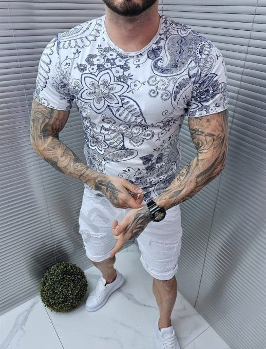 Tricou barbati in culoare alb cu flori albastri cod 561-6